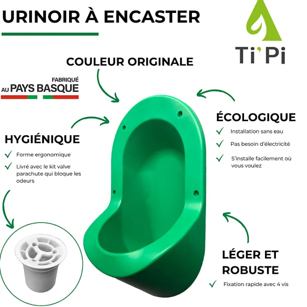 Ti'Pi Urinoir sans eau encastrable vert + kit valve parachute + pack entretien
