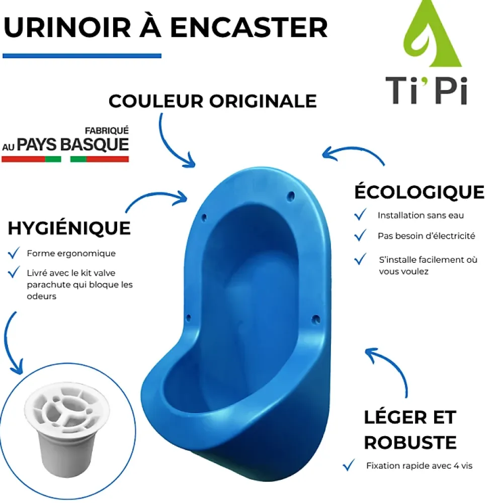 Ti'Pi Urinoir sans eau encastrable bleu + kit valve parachute + pack entretien