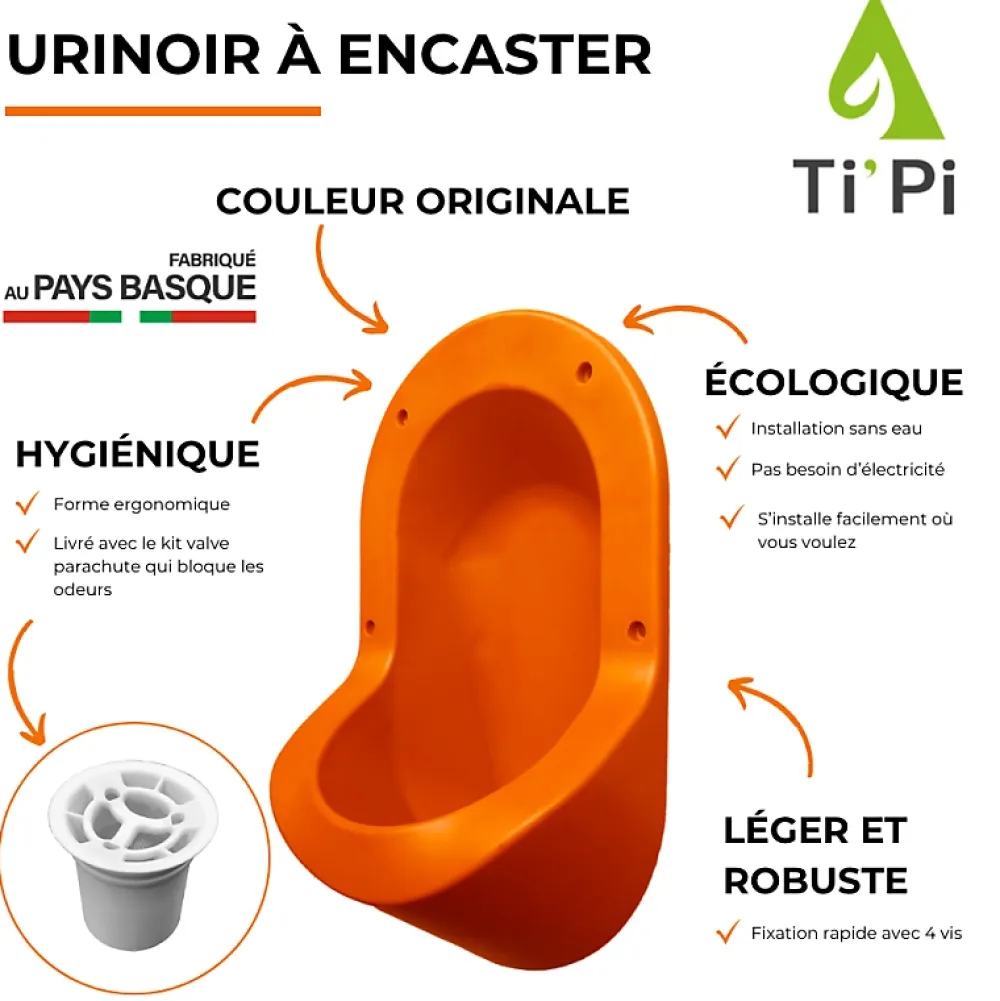 Urinoir|Ti'Pi Urinoir sans eau encastrable orange + kit valve parachute + pack entretien