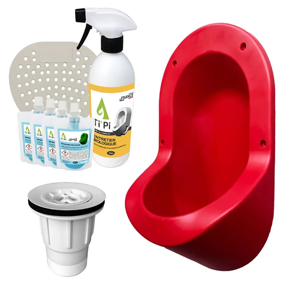 Urinoir|Ti'Pi Urinoir sans eau encastrable rouge + kit valve parachute + pack entretien