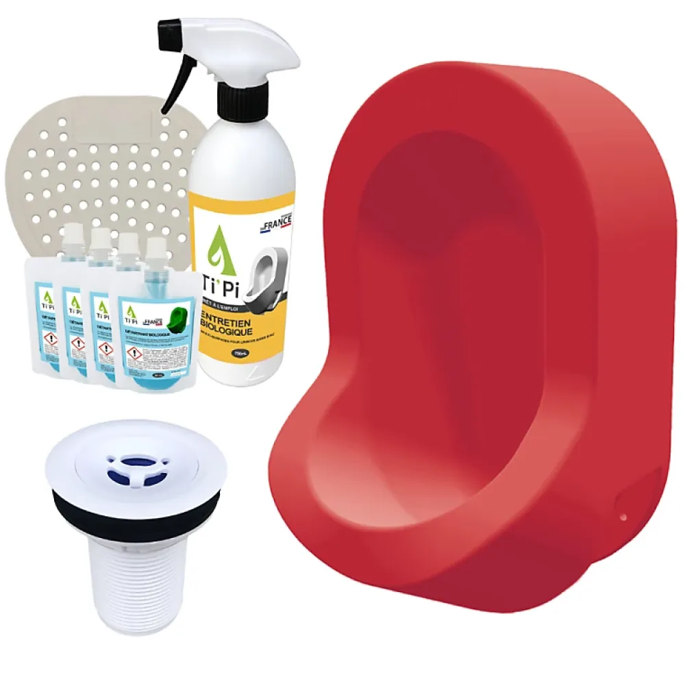 Urinoir|Ti'Pi Urinoir sans eau mural rouge + kit valve bec de canard + pack entretien