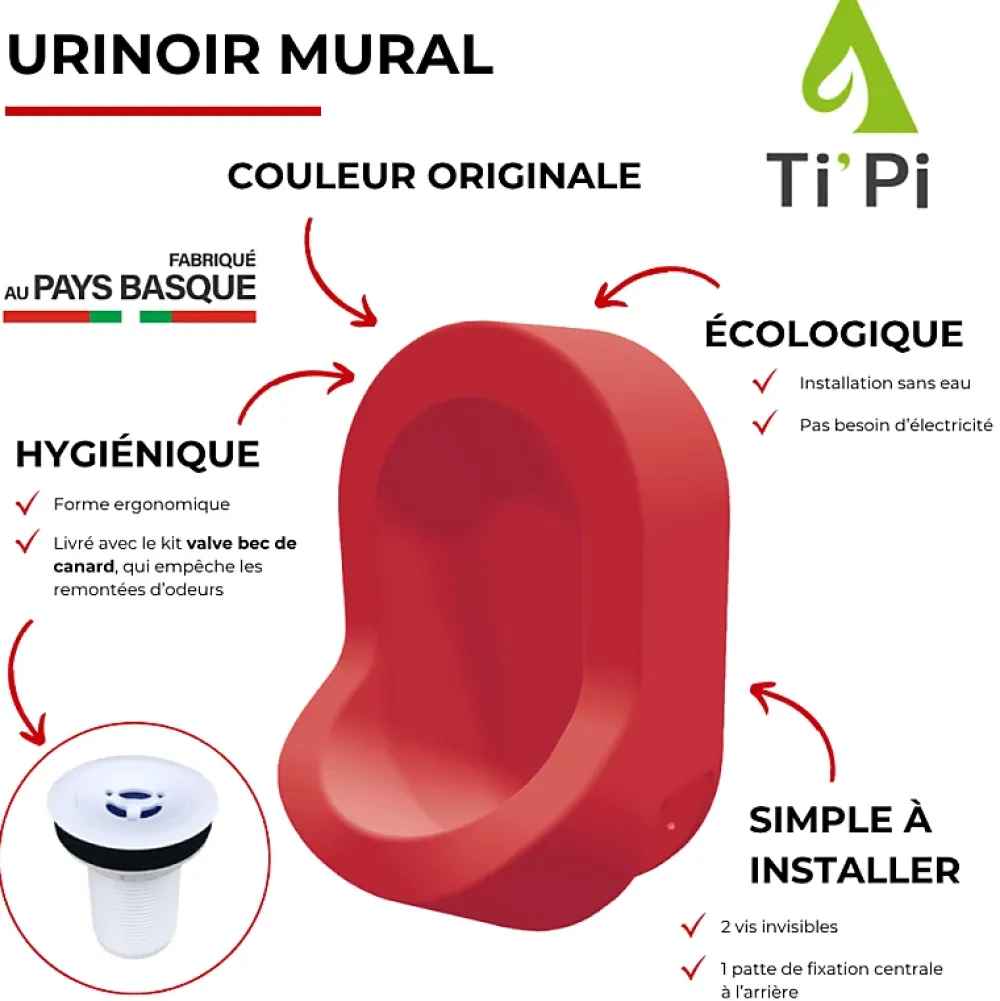 Urinoir|Ti'Pi Urinoir sans eau mural rouge + kit valve bec de canard + pack entretien