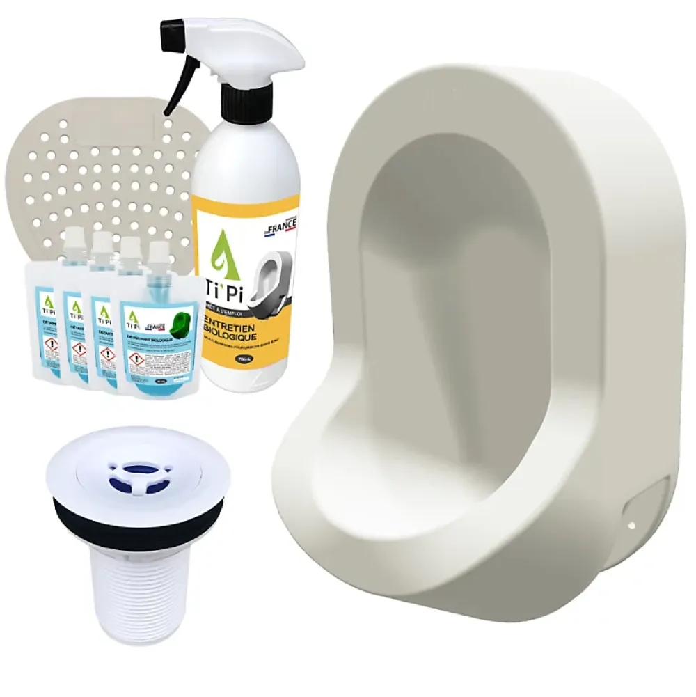Urinoir|Ti'Pi Urinoir sans eau mural blanc + kit valve bec de canard + pack entretien