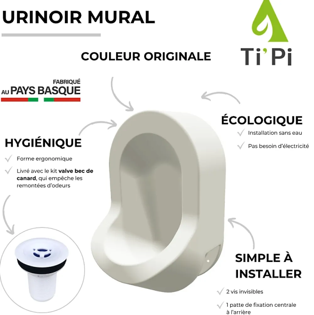 Urinoir|Ti'Pi Urinoir sans eau mural blanc + kit valve bec de canard + pack entretien