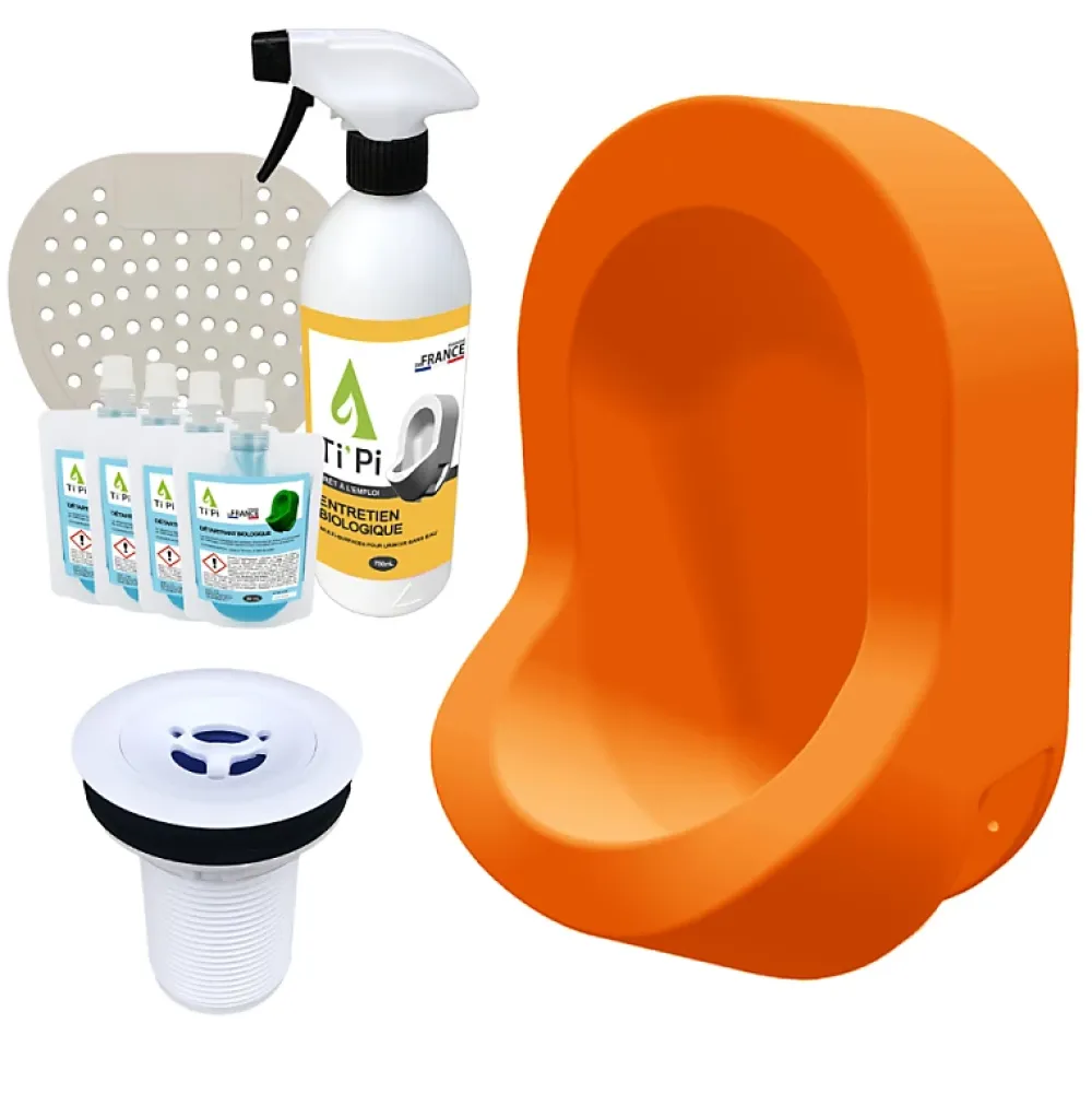 Urinoir|Ti'Pi Urinoir sans eau mural orange + kit valve bec de canard + pack entretien