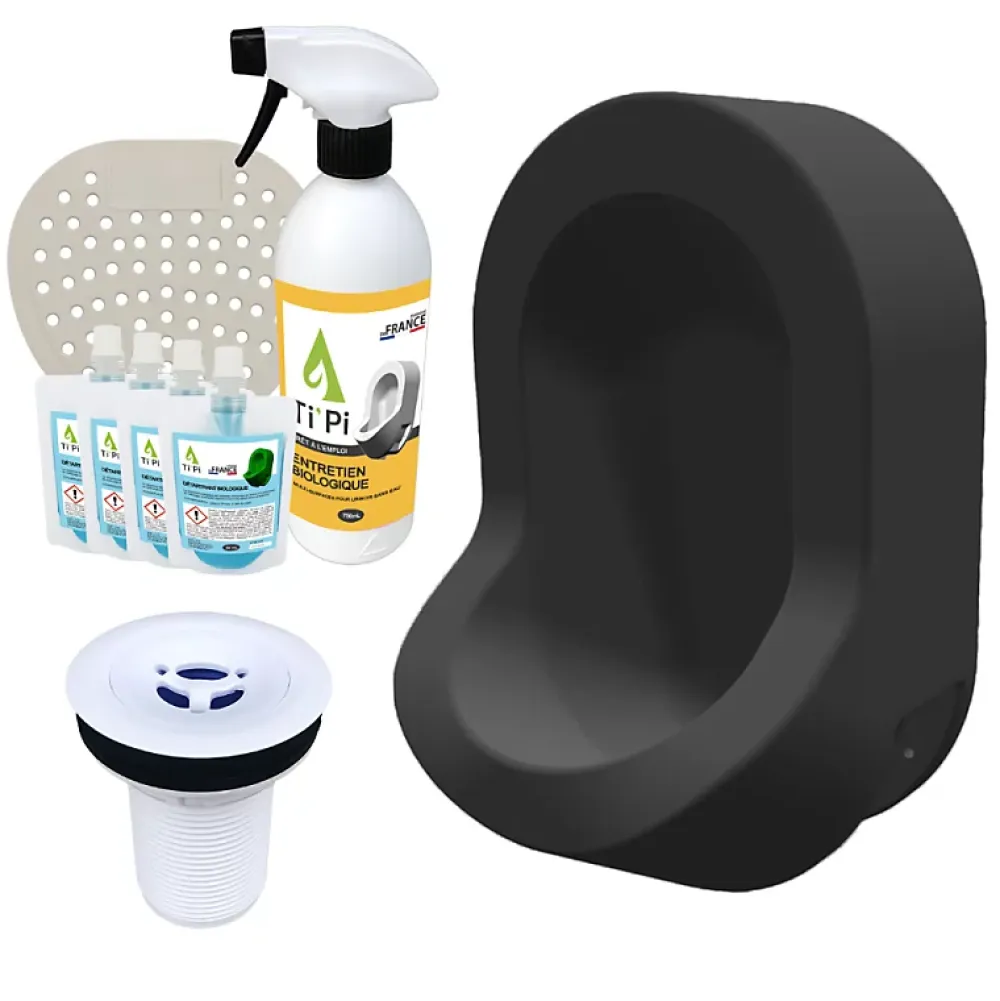 Ti'Pi Urinoir sans eau mural noir + kit valve bec de canard + pack entretien