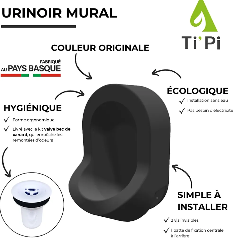 Ti'Pi Urinoir sans eau mural noir + kit valve bec de canard + pack entretien