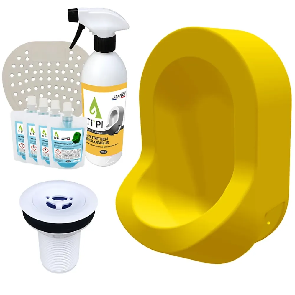 Urinoir|Ti'Pi Urinoir sans eau mural jaune + kit valve bec de canard + pack entretien