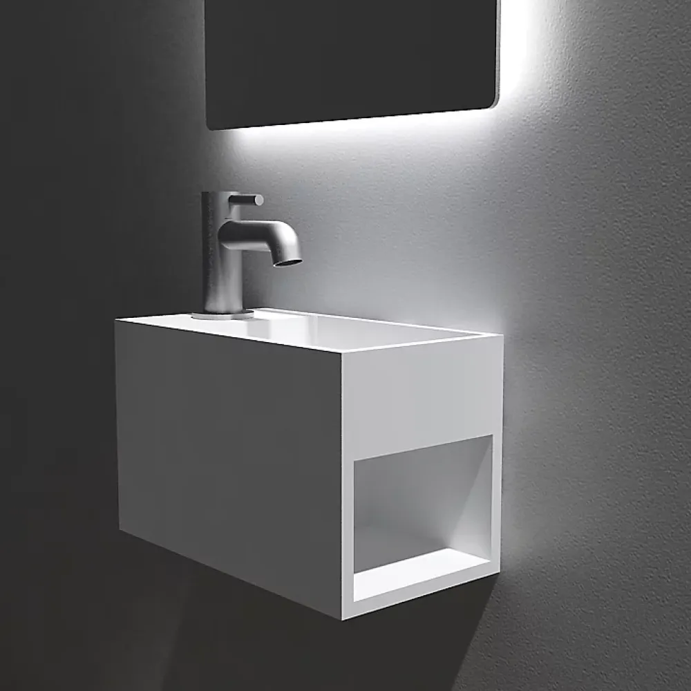 Bernstein Vasque / Lavabo mural rectangulaire Fonte minérale 33x18x20,5cm Blanc mat, rangement intégré - PB2046