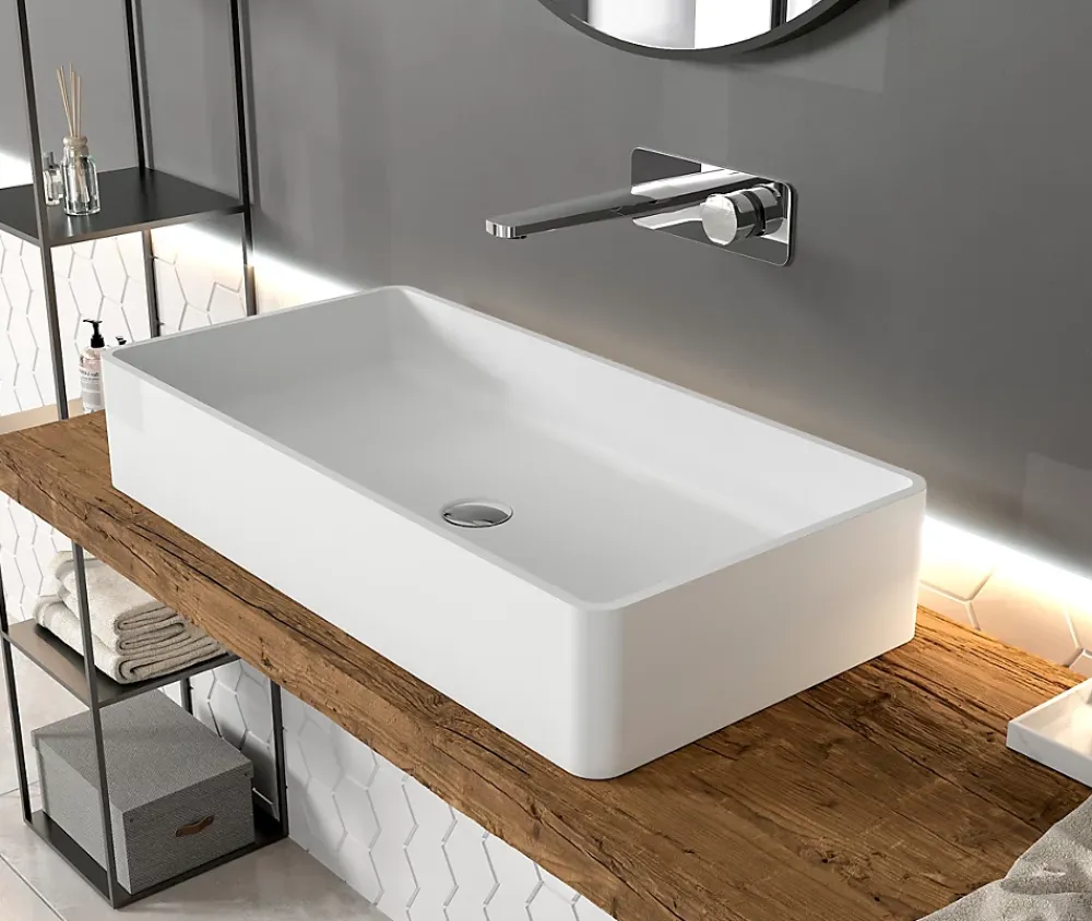 Bernstein Vasque à poser en solide surface + bonde pop-up chrome PB2013 - 80x40x14,5cm - blanc mat