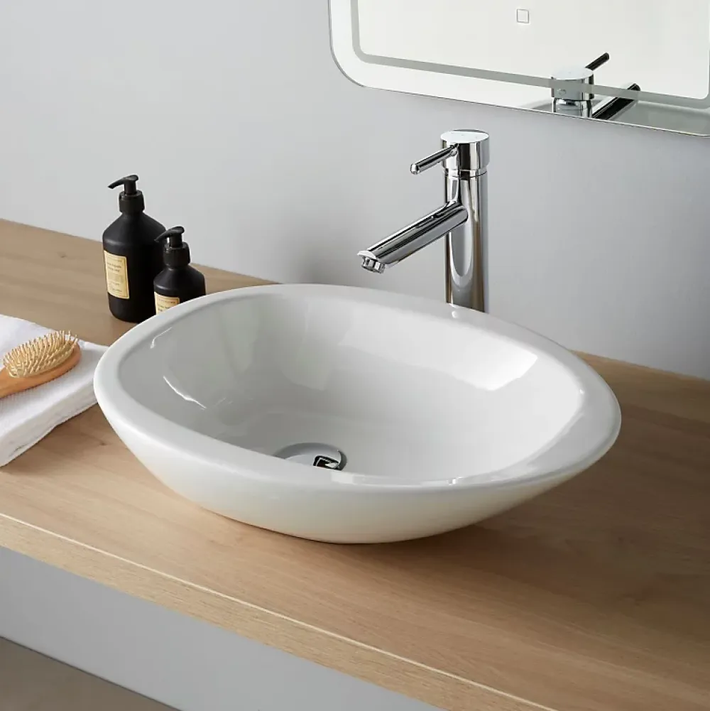 Planète Bain Vasque à poser galet en céramique blanche - Galet