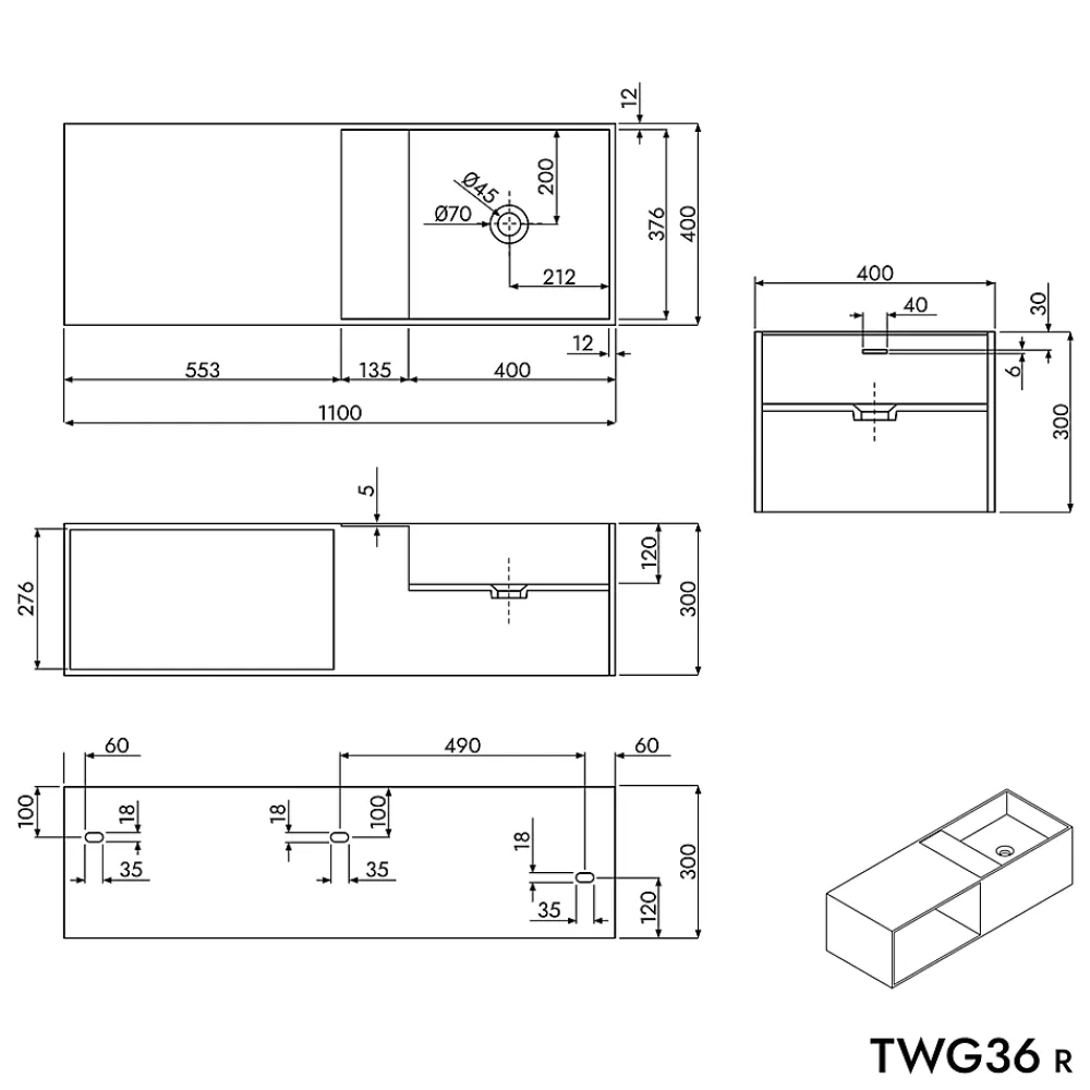 Lavabo|Bernstein Vasque à poser ou vasque murale 110x40x30cm en fonte minérale avec espace de rangement - Blanc - TWG36
