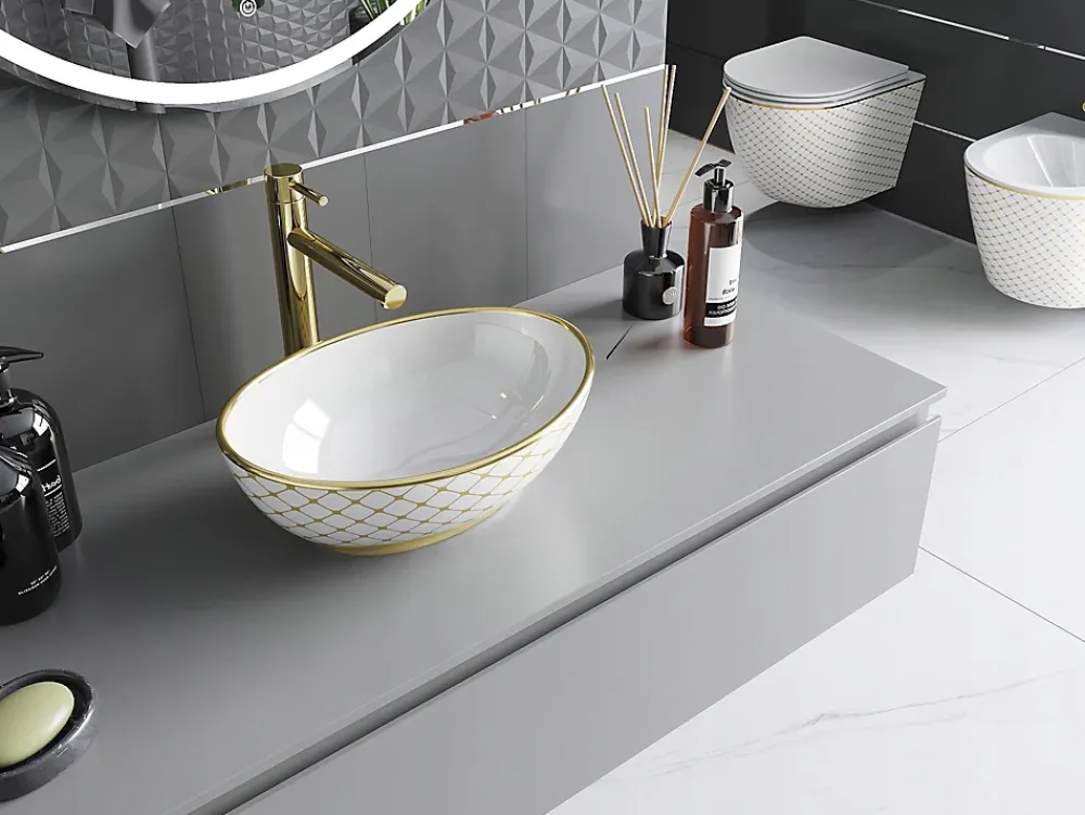 Lavabo|Silla Global Vasque à poser ovale, céramique 40,5x33x14 cm Blanc/or