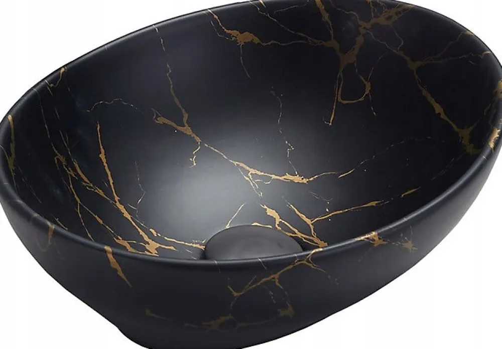 Silla Global Vasque à poser ovale, céramique 40,5x33x14 cm Marbre noir/doré