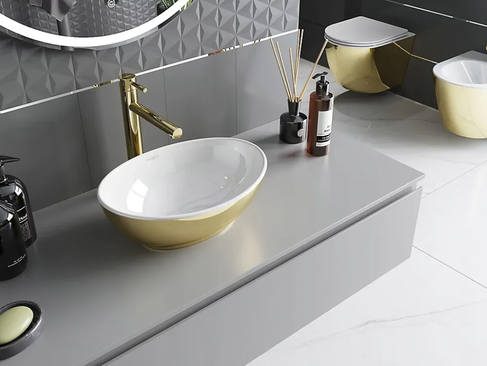 Lavabo|Silla Global Vasque à poser ovale, céramique 40,5x33x14 cm Blanc/or