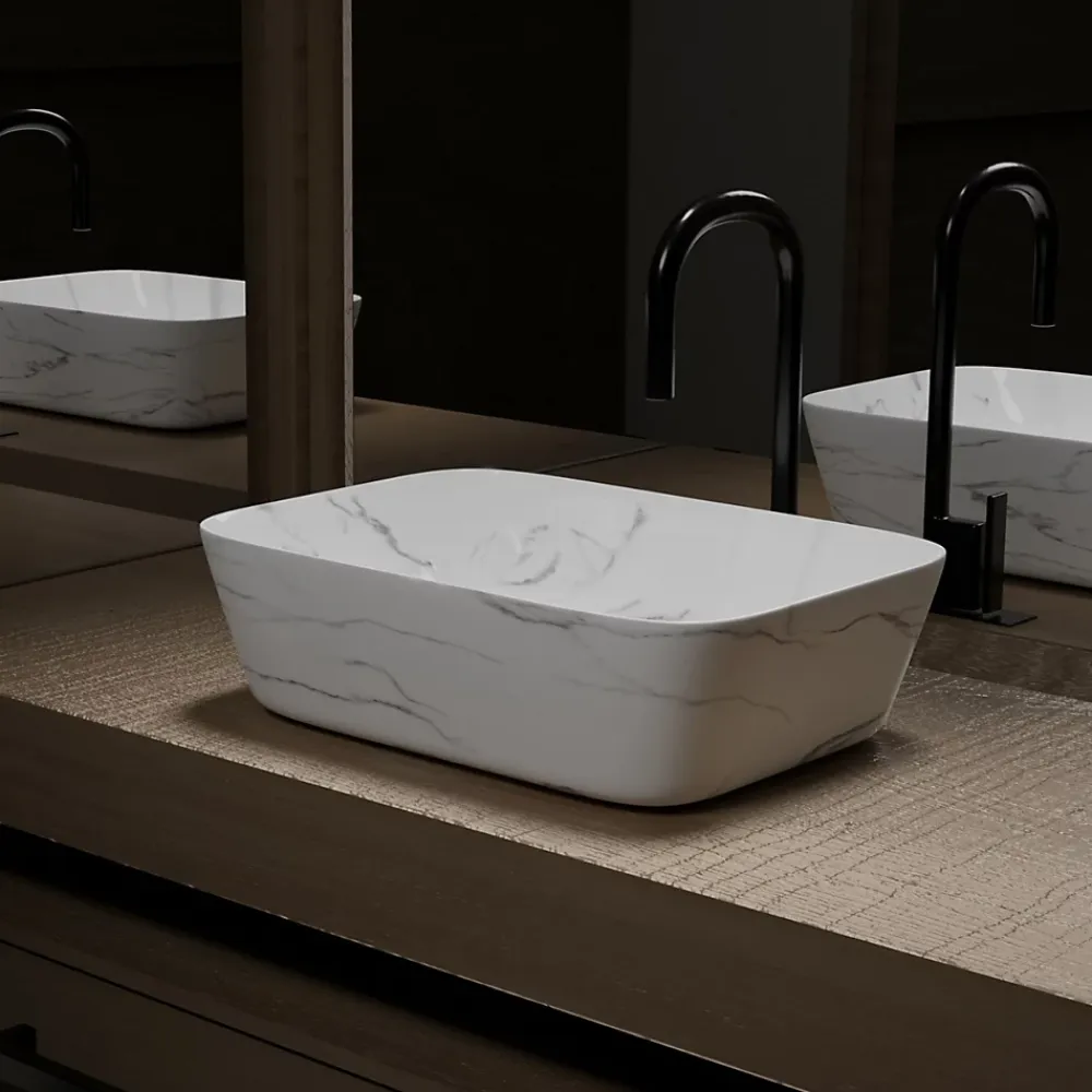 Aurlane Vasque à poser Rectangle en Céramique Blanche Mat Effet Marbre - 45,5x32,5x13 cm - WHITE MARBLE