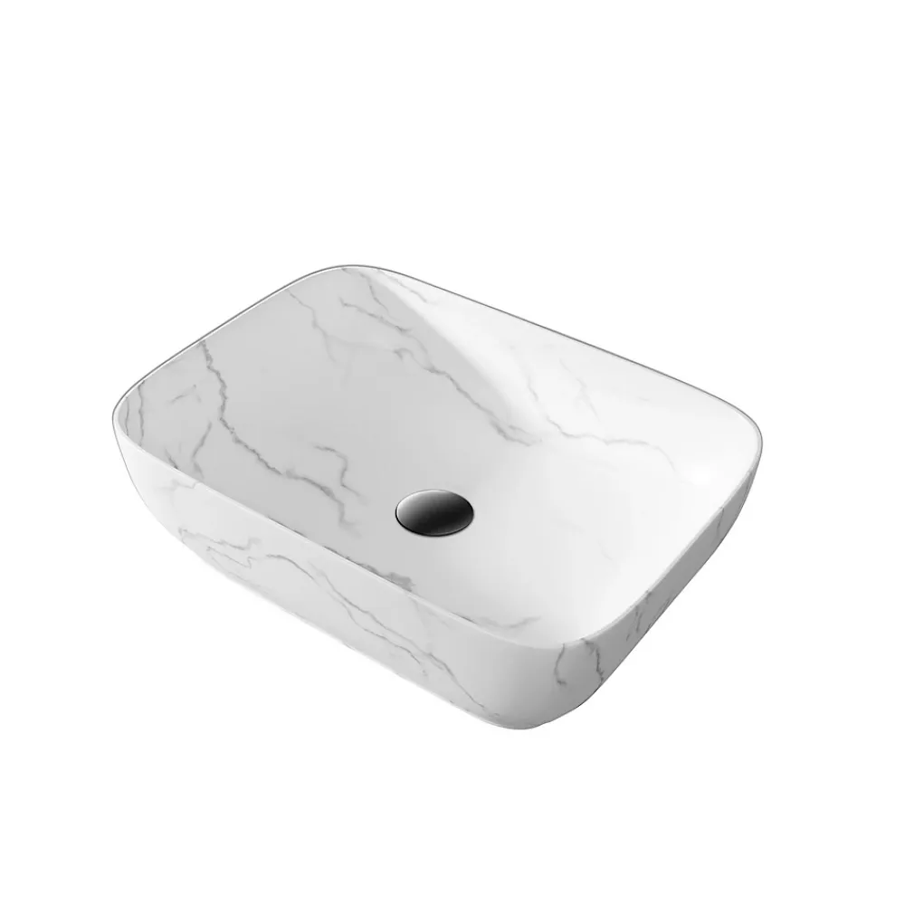 Aurlane Vasque à poser Rectangle en Céramique Blanche Mat Effet Marbre - 45,5x32,5x13 cm - WHITE MARBLE