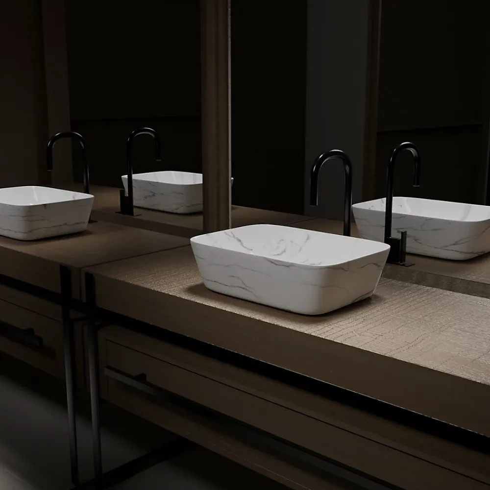 Aurlane Vasque à poser Rectangle en Céramique Blanche Mat Effet Marbre - 45,5x32,5x13 cm - WHITE MARBLE