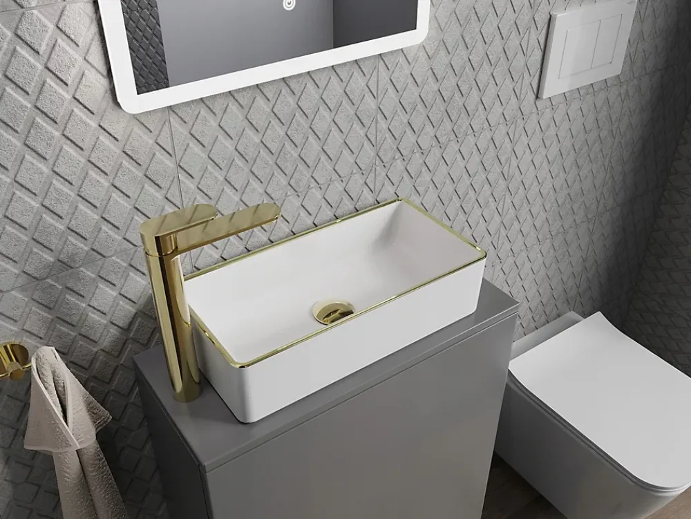 Silla Global Vasque à poser rectangulaire, céramique 46,5x23,5x12 cm Blanc/or