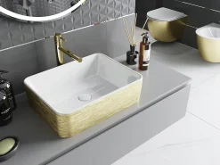 Lavabo|Silla Global Vasque à poser rectangulaire, céramique 48x37x13 cm Blanc/or