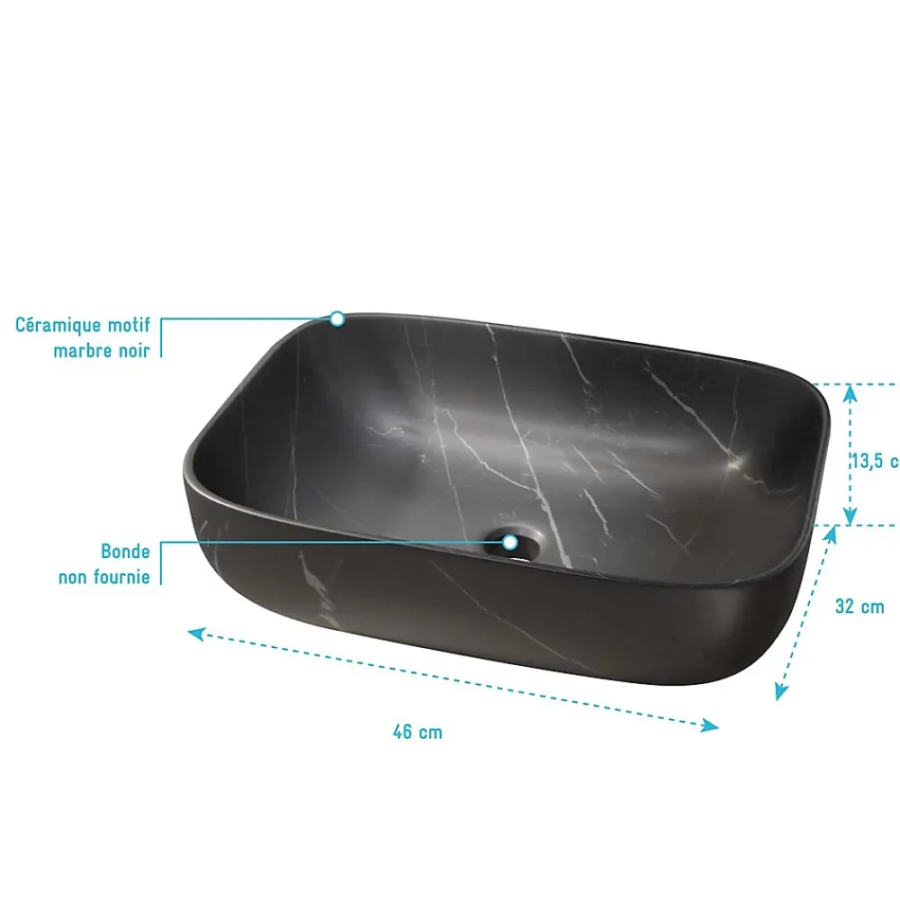 Aurlane Vasque à poser rectangulaire en céramique noire mat effet marbre 46x32x13.5 cm - BLACK MARBLE