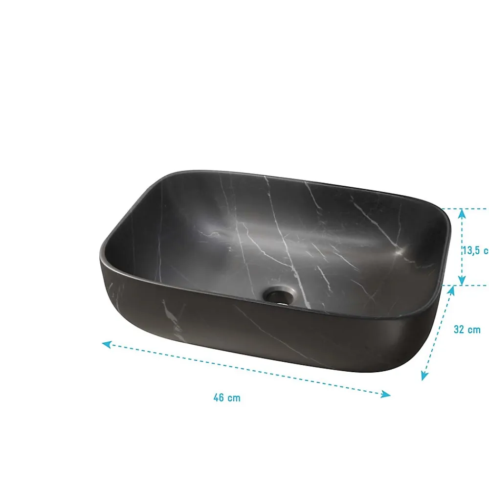 Aurlane Vasque à poser rectangulaire en céramique noire mat effet marbre 46x32x13.5 cm - BLACK MARBLE