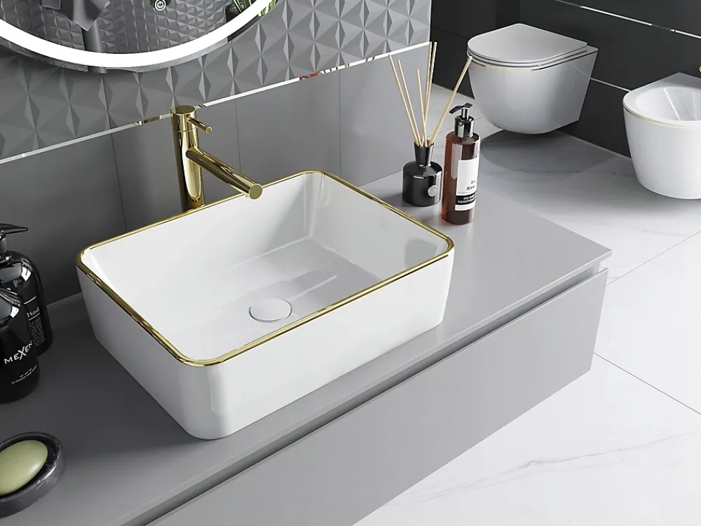 Lavabo|Silla Global Vasque à poser rectangulaire, céramique 48x37x13 cm Blanc/or