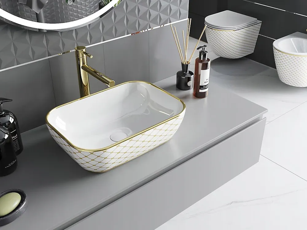 Silla Global Vasque à poser rectangulaire, céramique 45,5x32,5x13,5 cm Blanc/or