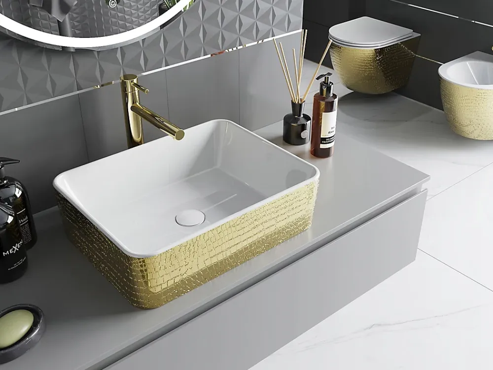 Lavabo|Silla Global Vasque à poser rectangulaire, céramique 48x37x13 cm Blanc/or