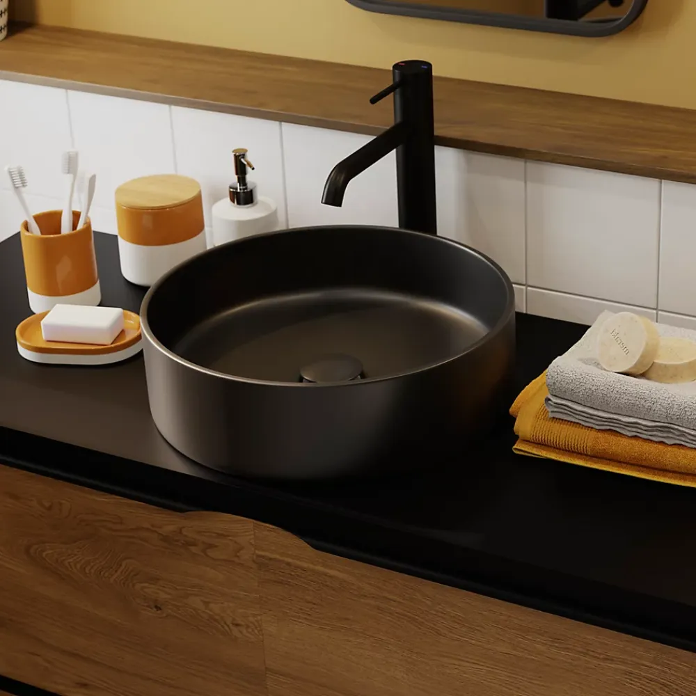 Vasque À Poser|GoodHome Vasque à poser ronde céramique noir mat Samal