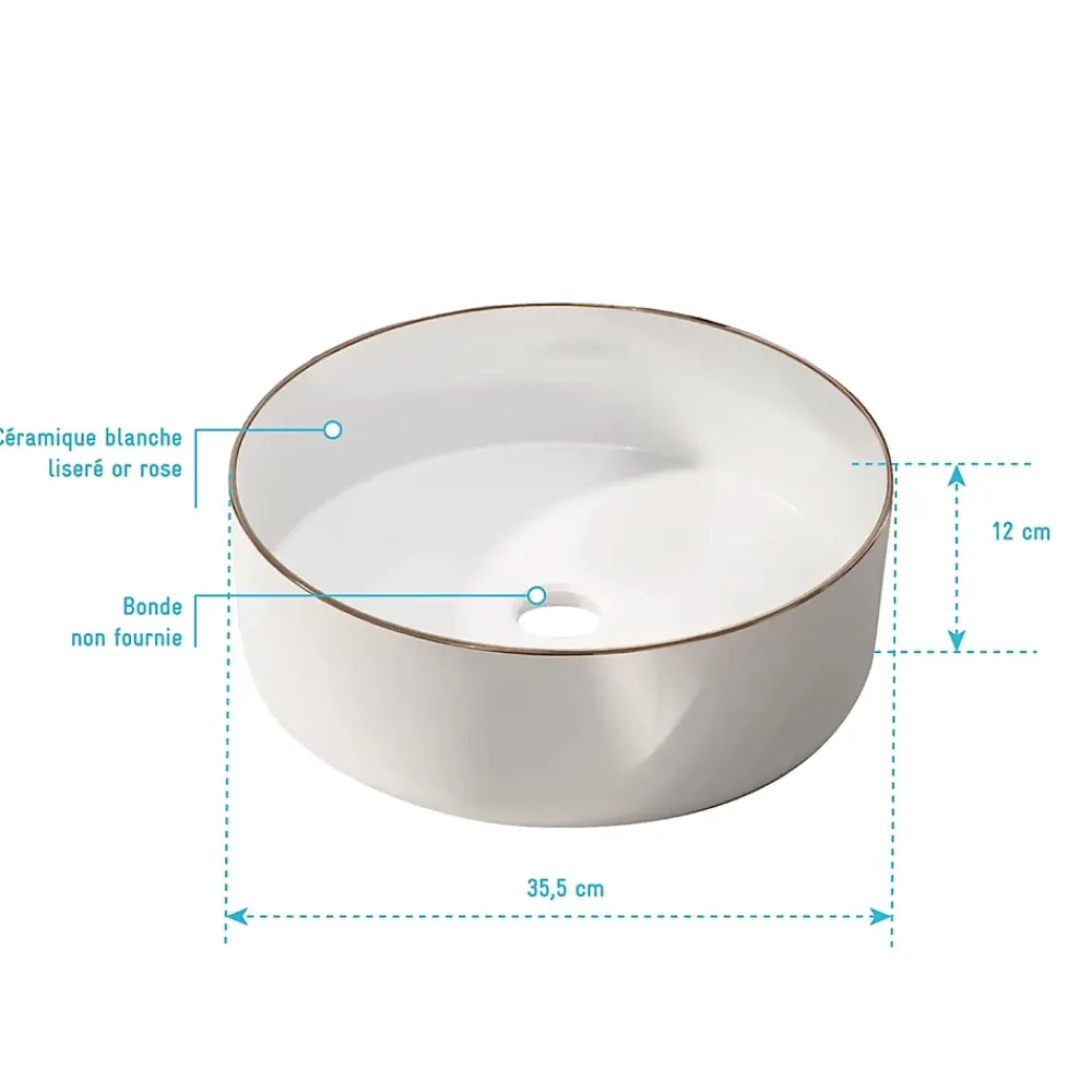 Galedo Vasque à poser ronde en céramique blanche avec liseré doré rosé Ø35,5 x H.12 cm,