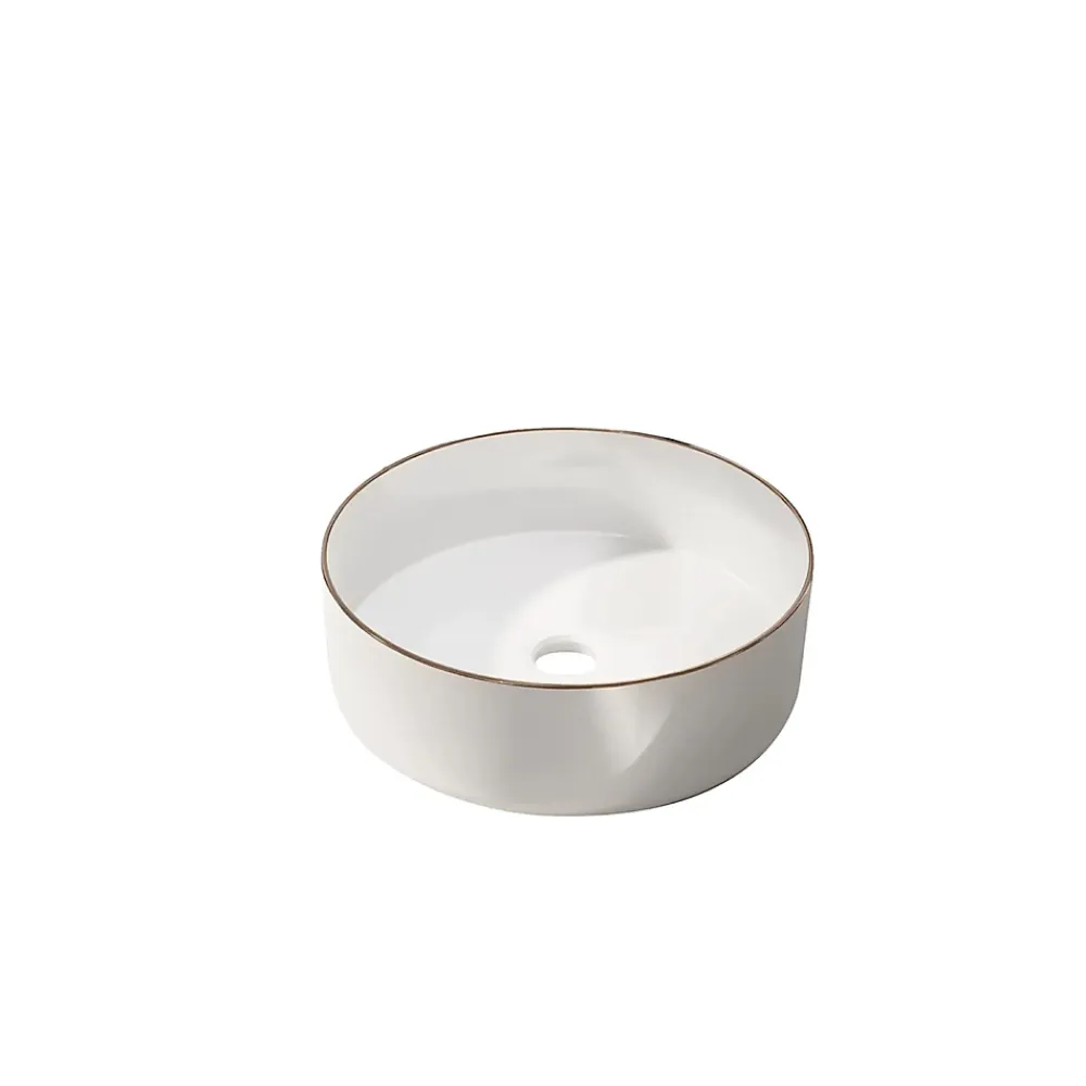 Galedo Vasque à poser ronde en céramique blanche avec liseré doré rosé Ø35,5 x H.12 cm,