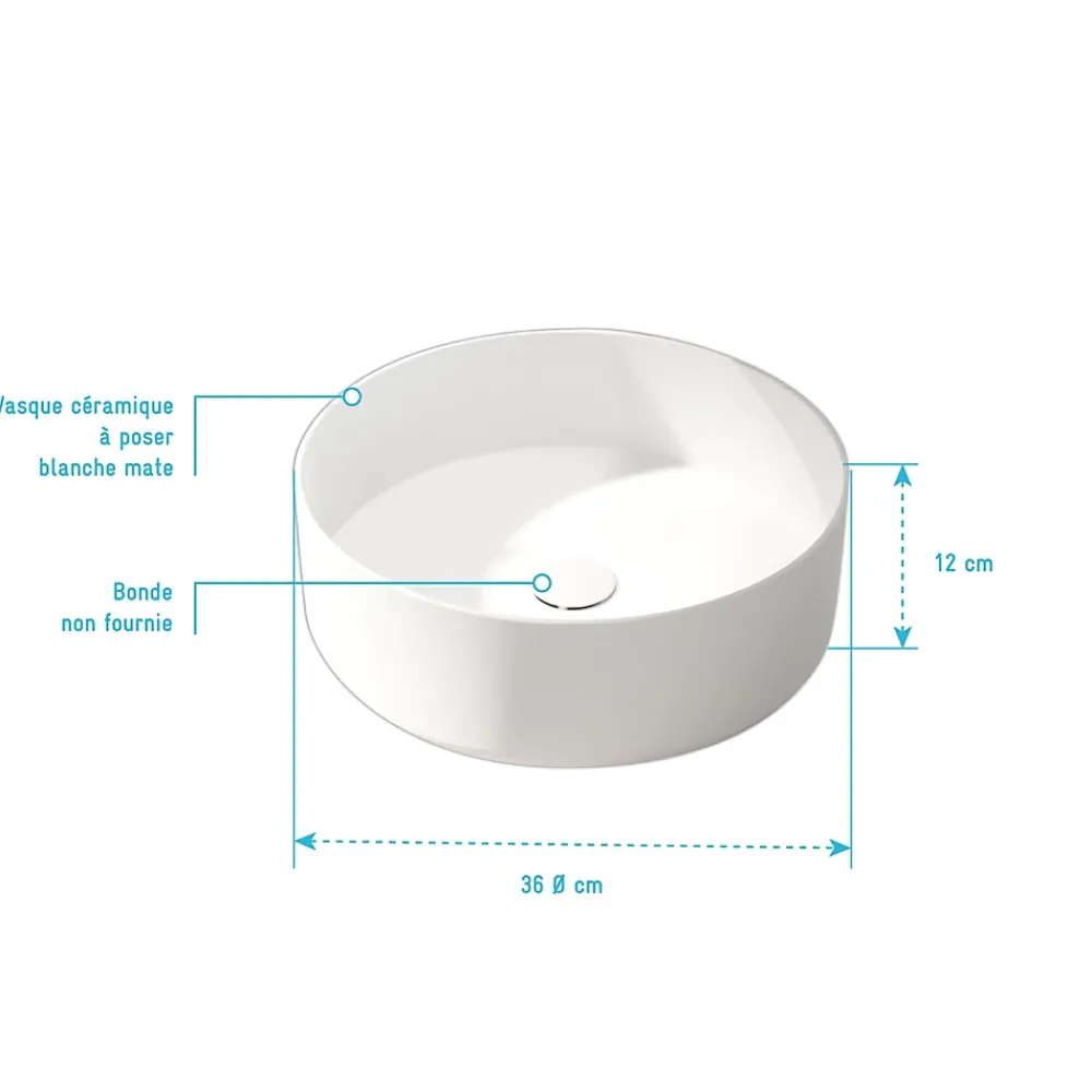 Vasque À Poser|Galedo Vasque à poser ronde en céramique blanc mat Ø36 x H.12 cm,