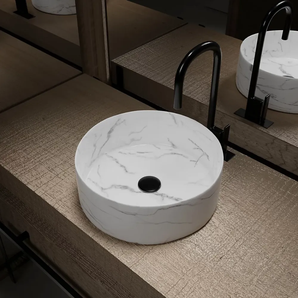 Aurlane Vasque à poser Ronde en Céramique Blanche Mat Effet Marbre - 36cm x 13cm - WHITE MARBLE