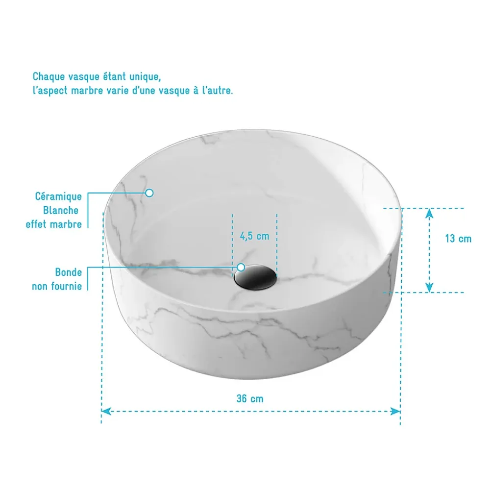 Aurlane Vasque à poser Ronde en Céramique Blanche Mat Effet Marbre - 36cm x 13cm - WHITE MARBLE
