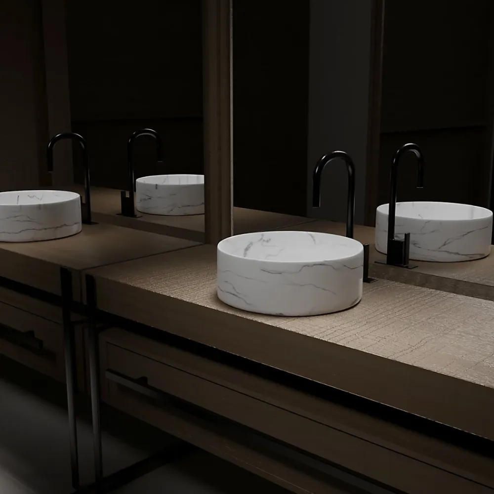 Aurlane Vasque à poser Ronde en Céramique Blanche Mat Effet Marbre - 36cm x 13cm - WHITE MARBLE