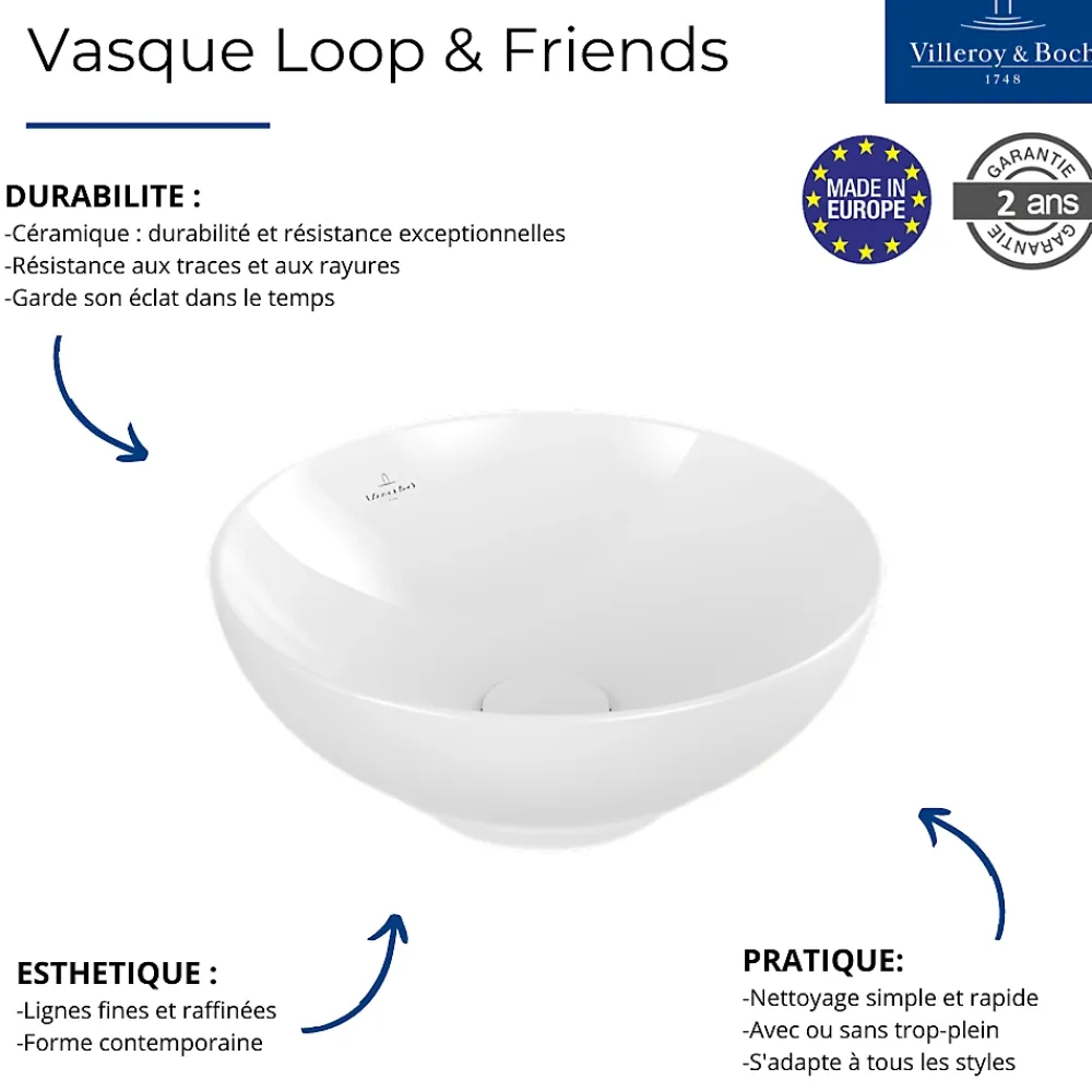 Plan Simple Vasque|Villeroy & Boch Vasque 38 x 38 ronde à poser VILLEROY ET BOCH Loop & Friends non meulé blanche sans trop plein