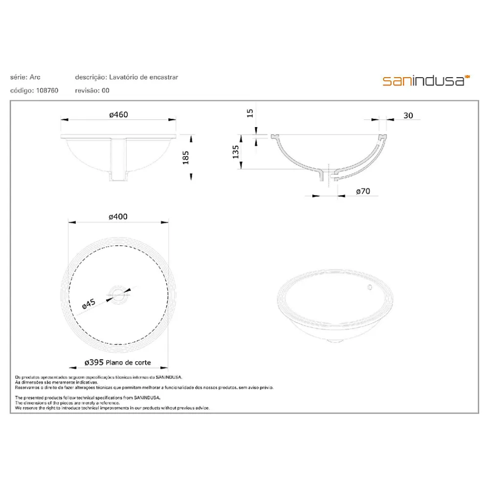 Sanindusa Vasque céramique traditionnelle a encastrer par dessous Arc 46 blanc