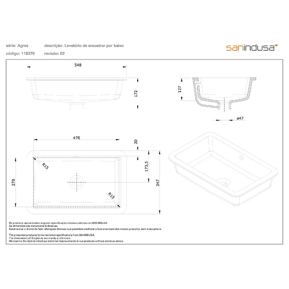 Sanindusa Vasque céramique traditionnelle encastrer par dessous Agres blanc