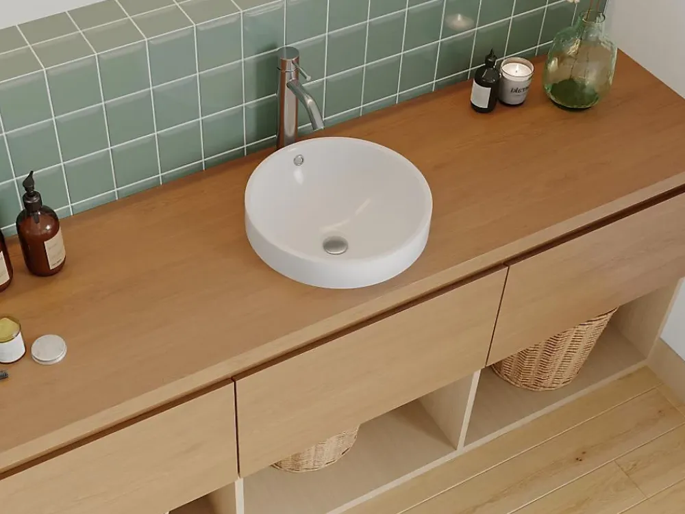 Vasque À Encastrer|Vente-unique Vasque de salle de bain semi-encastrée ronde en céramique - 46 cm - Blanc - CATONAC II