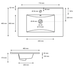 ECD Germany Vasque encastré lavabo Evier salle de bain en ceramique blanc 710 x 465 x 175 mm