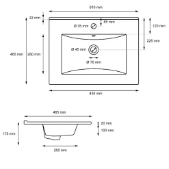 ECD Germany Vasque encastré lavabo Evier salle de bain en ceramique blanc 610 x 465 x 175 mm