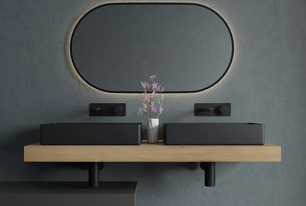 Vasque À Poser|Bernstein Vasque Lavabo rectangulaire à poser 52,4x34,4x11cm en acier inoxydable sur meuble de salle de bain NT12 - Noir mat