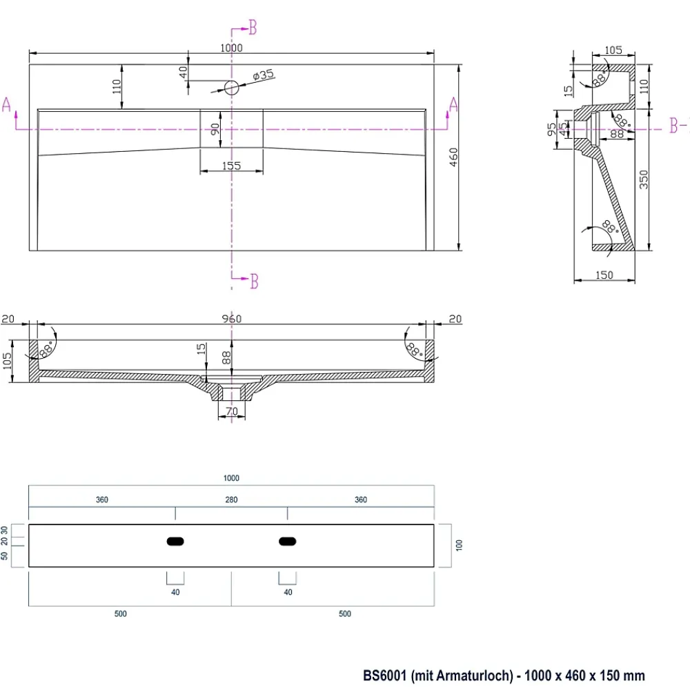 Lavabo|Bernstein Vasque moderne suspendue 100x46x15cm en marbre coulé avec trous prépercés - BS6001