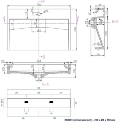 Bernstein Vasque moderne suspendue 70x46x15cm en marbre coulé avec trous prépercés - BS6001