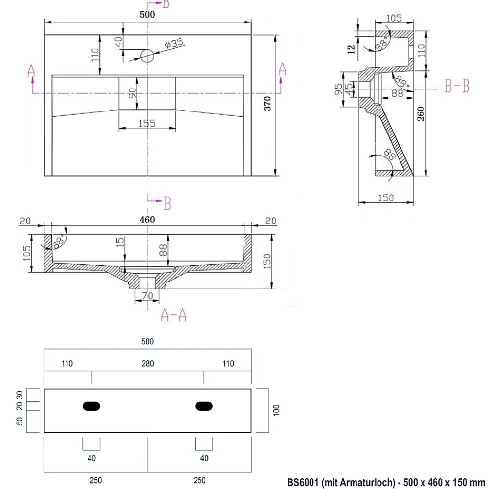 Bernstein Vasque moderne suspendue 50x37x15cm en marbre coulé avec trous prépercés - BS6001