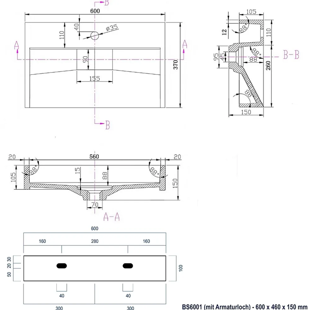 Bernstein Vasque moderne suspendue 60x37x15cm en marbre coulé avec trous prépercés - BS6001