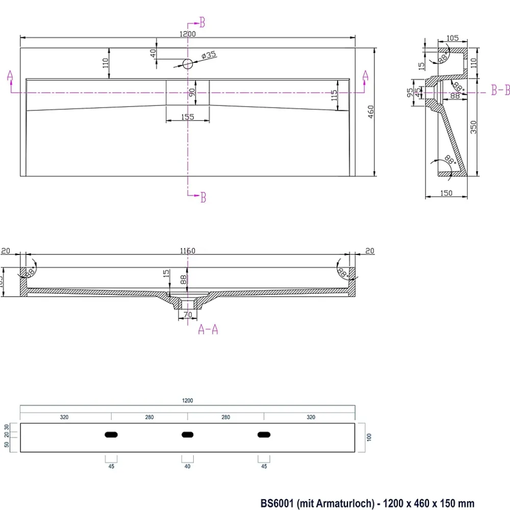 Bernstein Vasque moderne suspendue120x46x15cm en marbre coulé avec trous prépercés - BS6001