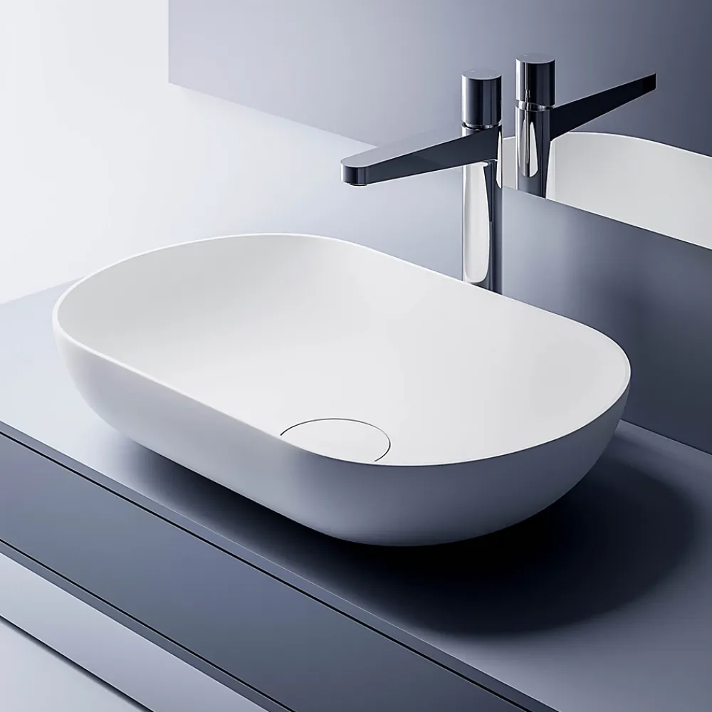 Bernstein Vasque murale à poser design 54x34x13cm en fonte minérale avec bonde et trop plein - O-541 - Blanc mat