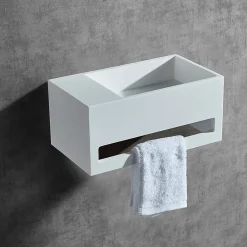Lavabo|Bernstein Vasque murale design, Lave main fonte minérale Salle de bain, Blanc mat, 35,5x20x16cm, BA2105 + cache blanc + rangement à gauche